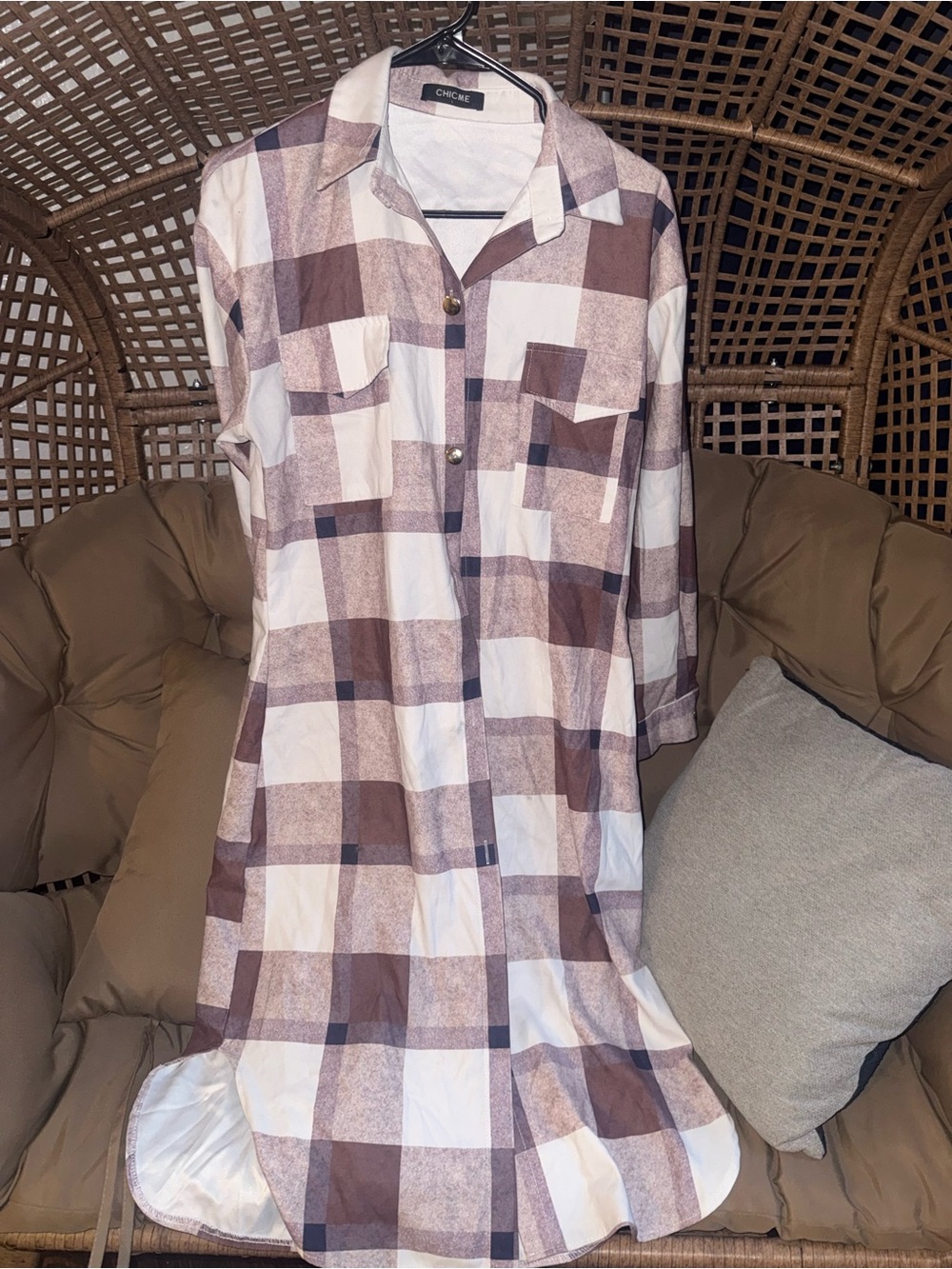 ChicMe Plaid Button-Down Shirtdress in Brown and White